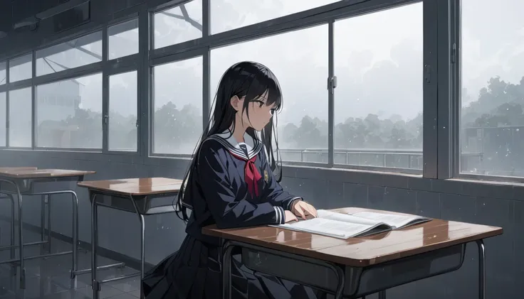 Best quality, (background is a school classroom), 1 girl, sitting on a school chair,((looking away:1.0)),(Not looking at the camera),((girl is looking at the window:1.3)), (girl is looking outside from the classroom window:1.3),outside is overcast,(classro...