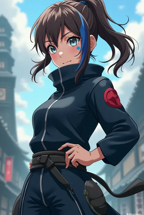 Naruto anime girl , in a full-length shinobi suit ,  wide waist,  brown hair with one blue strand on the right,  gray-blue eyes and blue mark under the eye  