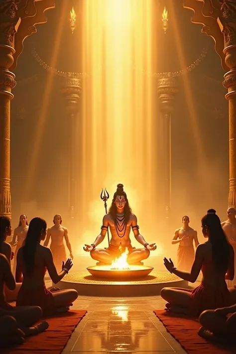 Inside the golden city of Lanka, a sacred havan ceremony is taking place. Lord Shiva and Goddess Parvati sit gracefully on one side, radiating divine light. Saptarishi Vishrava sits nearby, performing the rituals with holy fire in the center. Surrounding t...