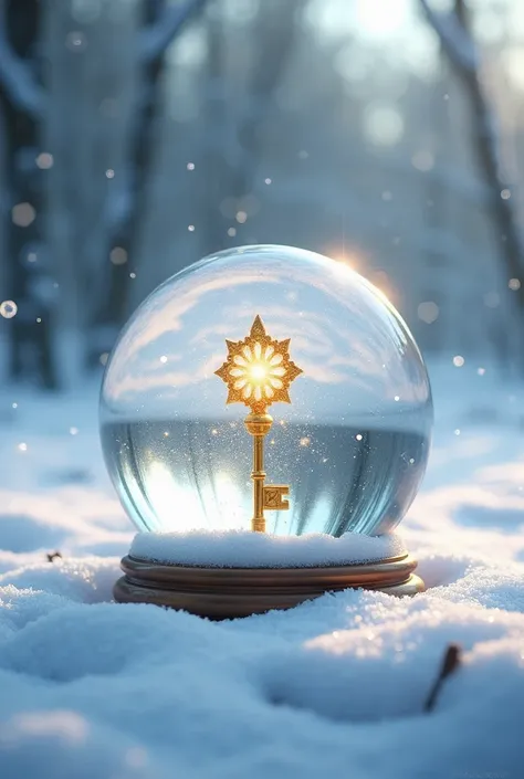  crystal ball that has a golden key inside. The ball placed on white snow . Daylight  