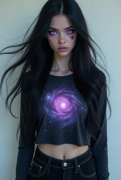 I want to create a person in a paranormal style with purple pupils, her long black hair, her face with a star mark on her left eye, with a long sleeve blouse with a galaxy in the middle and black jeans.