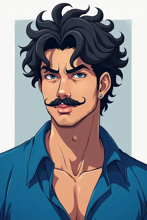 He is an anime man in a blue shirt only if red without a sandal he has a mustache and big curly hair he has the name Calebe .beautiful 