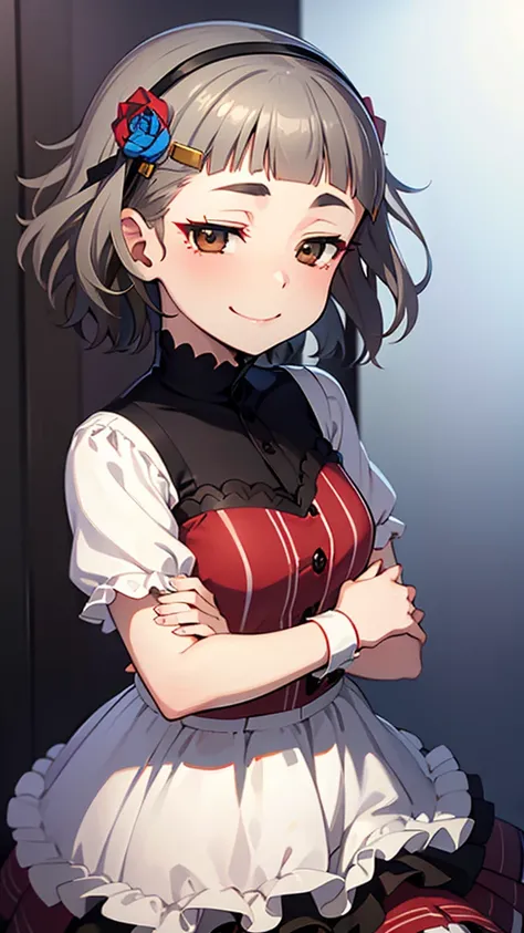 (((solo))), 1 woman, Sakuya Kurobane, sakuyaunif, kurobane_sakuya, (brown eyes), short hair, grey hair, black hairband, blue hair flower, red eyeliner, chest, blush, smile, (upper body), santa claus