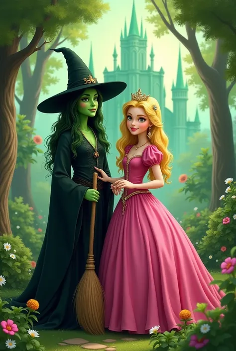 1 Green skin witch with black witch hat and black robe, holding broom stick. 1 Normal beautiful majestic hair Blonde Very Bright Pink Dressed Princess holding magic stick, with crown. Green Forest and emerald city. Standing together side by side.