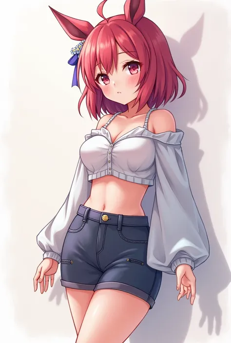 Make a Anime girl wearing a short skirt and a shirt tht dosent hides the belly and also the shirt is kinda short drom the anove
