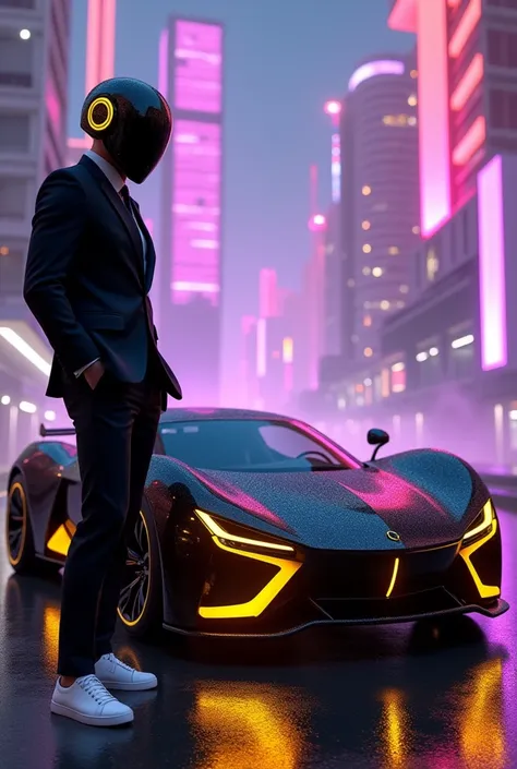 (photorealism:1.2), A futuristic car inspired by the theme of "DUNIA FANTASI," featuring sleek, aerodynamic curves, glowing neon lights in yellow and purple, and a design that merges traditional Indonesian motifs with a high-tech, cyberpunk aesthetic. Besi...