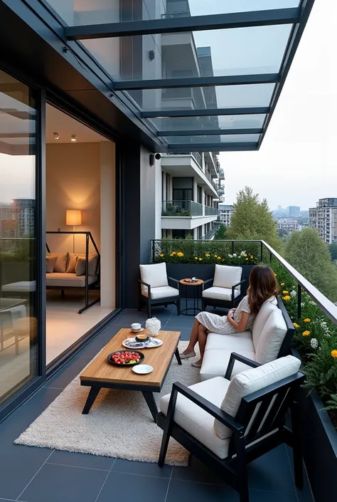 Design of a balcony with a size of 3 meters by 3 meters for an apartment of 100 meters on the third floor is an apartment complex  in the city and  balcony from the interior of the apartment in a modern and minimalist style with movable glass ceiling all o...