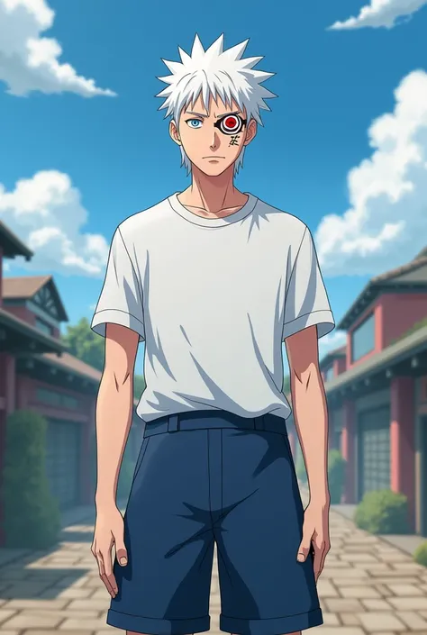  ,man, white hair medium hair , tall and since he is a boy not so thin or fat he is intermediate ,  wears a t-shirt and shorts , predominant blue and white , has no weapons or anything , is Uchija ,Serious.
 Now you have the image of the Naruto anime-style...