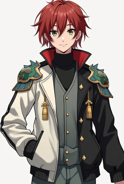   a light-skinned teenager ,  with reddish brown hair Half-split bangs , his green and red eyes .  The outfit he wears is a jacket that is white on the right side and the jacket is black on the left side ,  which also recalls the symbol of Yin and Yang .  ...