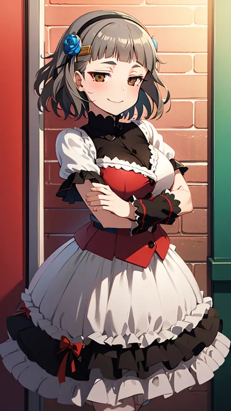 (((solo))), 1 woman, Sakuya Kurobane, sakuyaunif, kurobane_sakuya, (brown eyes), short hair, grey hair, black hairband, blue hair flower, red eyeliner, chest, blush, smile, (upper body), santa claus