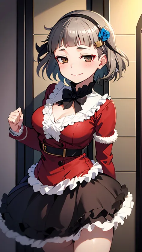 (((solo))), 1 woman, Sakuya Kurobane, sakuyaunif, kurobane_sakuya, (brown eyes), short hair, grey hair, black hairband, blue hair flower, red eyeliner, chest, blush, smile, (upper body), santa claus