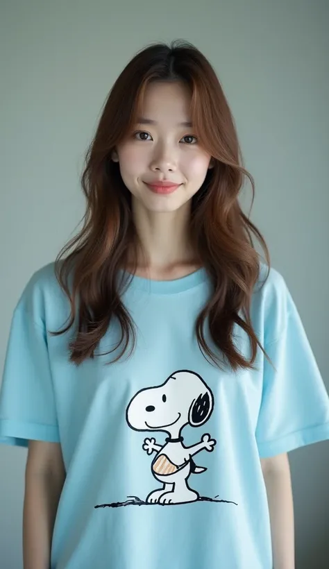 A Japanese female model who wears a light blue t-shirt with a cute pattern by Snoopy, stands facing the front, and has experienced being handcuffed at Abashiri Prison in Japan, headshot with long brown hair