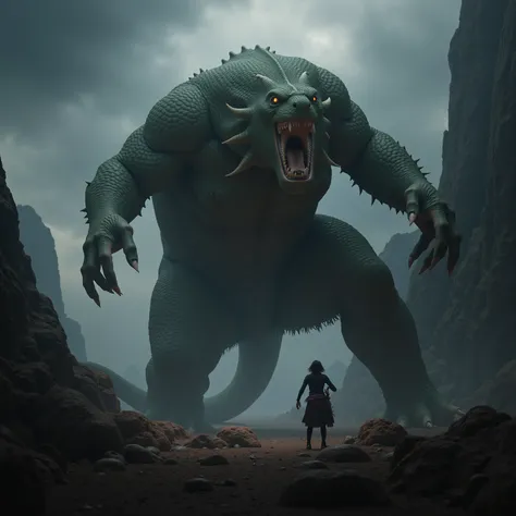 In mistical concept, mythology, overpower, cinematic scene  of gigant monster from past time, best detailed, Film Grain, Cinematic Lighting, Cinematography, Photorealistic, chaos, 