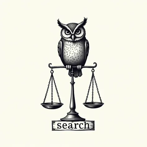 ( better quality ) (vintage style drawing ) ( black and white ) (Easy drawing) (logo) (touch)  logo of an owl sitting on a scale with a name plate "Search " written