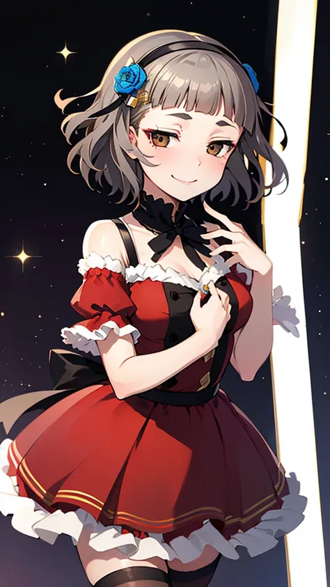 (((solo))), 1 woman, Sakuya Kurobane, sakuyaunif, kurobane_sakuya, (brown eyes), short hair, grey hair, black hairband, blue hair flower, red eyeliner, chest, blush, smile, (upper body), santa claus