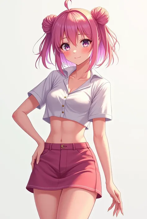 Make a Anime girl wearing a short skirt and a shirt tht dosent hides the belly and also the shirt is kinda short drom the anove
