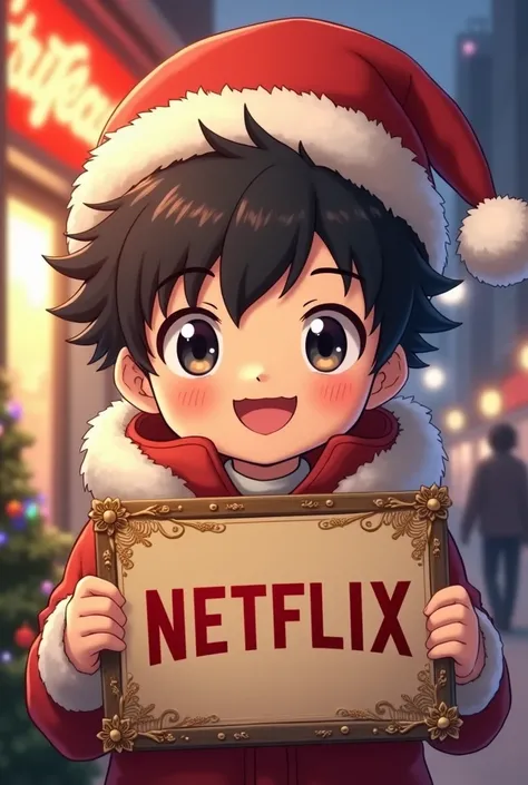 anime boy, Christmas hat , with an ornate sign that says " Netflix at 10 soles ", Netflix seller , Icon-sized image