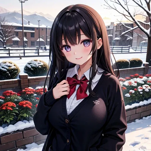 With a girl、1 person、18 years old、 dark haired、 dark eyes、Length Hair、smile、huge smile、 Very Big Breasts 、、School、School Uniform、 cardigan、snow、 winters 、 comments、 muffler 、Landscape images、garden