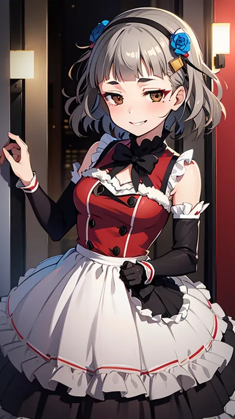 (((solo))), 1 woman, Sakuya Kurobane, sakuyaunif, kurobane_sakuya, (brown eyes), short hair, grey hair, black hairband, blue hair flower, red eyeliner, chest, blush, smile, (upper body), santa claus