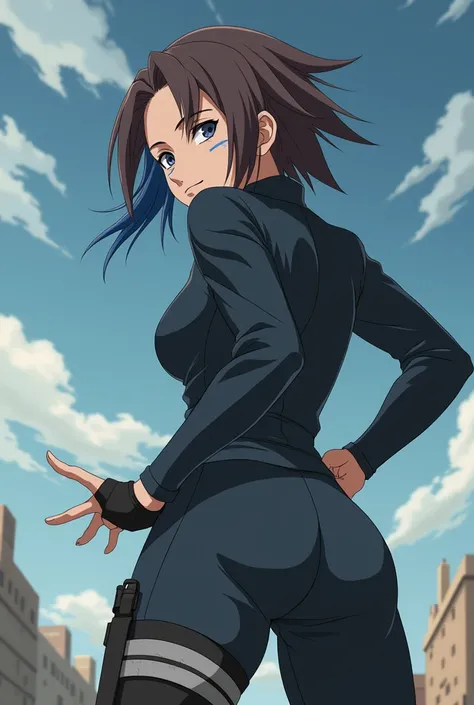 Naruto anime girl ,  in a womens shinobi suit , black boots,  wide waist, brown hair with one blue strand on the right, gray-blue eyes ,  blue mark under the eye  