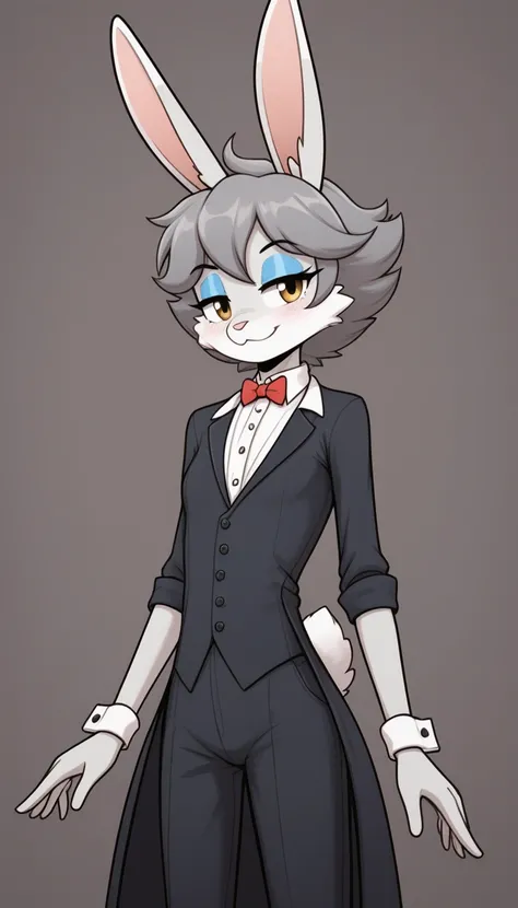   best size  ,   very detailed illustration  ,(  Anthropomorphic fluffy rabbit boy :1,7), Blue-gray fur,   tousled fluffy hair   , sly look ,  alluring playful look    , Slim,   perfect body , Cute, Smug knots ,   cartoon   , female ,magician clothes  