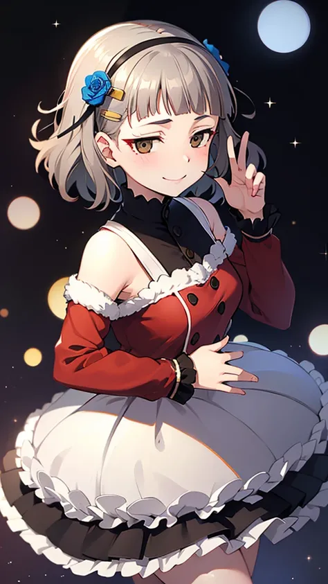 (((solo))), 1 woman, Sakuya Kurobane, sakuyaunif, kurobane_sakuya, (brown eyes), short hair, grey hair, black hairband, blue hair flower, red eyeliner, chest, blush, smile, (upper body), santa claus