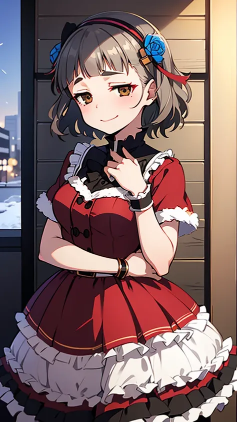 (((solo))), 1 woman, Sakuya Kurobane, sakuyaunif, kurobane_sakuya, (brown eyes), short hair, grey hair, black hairband, blue hair flower, red eyeliner, chest, blush, smile, (upper body), santa claus