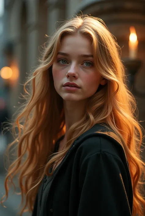 Hogwarts student, blonde girl rather towards white, reddish-brown eyes, long hair flaunting 
