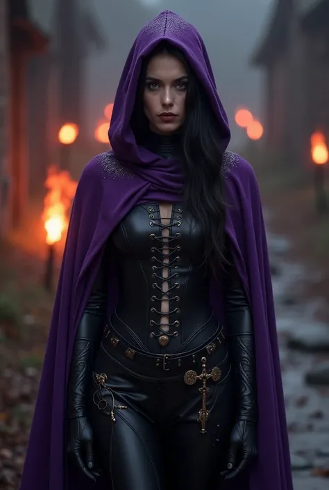 Armor: purple cover,  tight and transparent black dress with bold cuts
weapons:  a knife in each hand
Hair Color :  black
Eyes :  Bright and seductive reds
Hair style :  Smooth and large
Face :  Background
Age :  20 years
Seductive :  Dark village with tor...