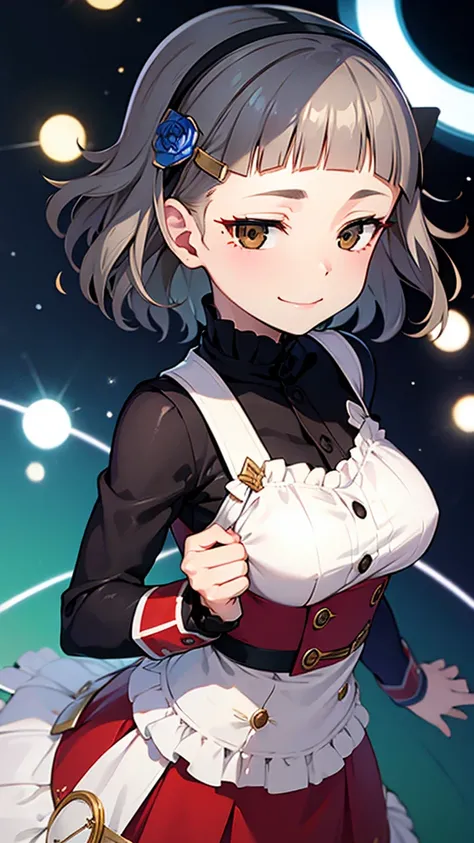 (((solo))), 1 woman, Sakuya Kurobane, sakuyaunif, kurobane_sakuya, (brown eyes), short hair, grey hair, black hairband, blue hair flower, red eyeliner, chest, blush, smile, (upper body), santa claus