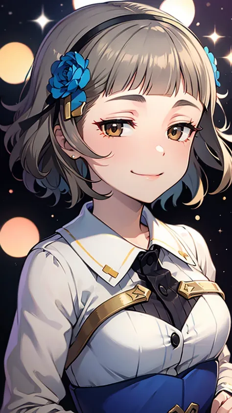 (((solo))), 1 woman, Sakuya Kurobane, sakuyaunif, kurobane_sakuya, (brown eyes), short hair, grey hair, black hairband, blue hair flower, red eyeliner, chest, blush, smile, (upper body), santa claus