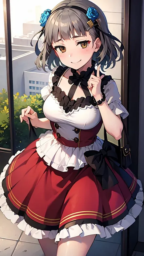 (((solo))), 1 woman, Sakuya Kurobane, sakuyaunif, kurobane_sakuya, (brown eyes), short hair, grey hair, black hairband, blue hair flower, red eyeliner, chest, blush, smile, (upper body), santa claus