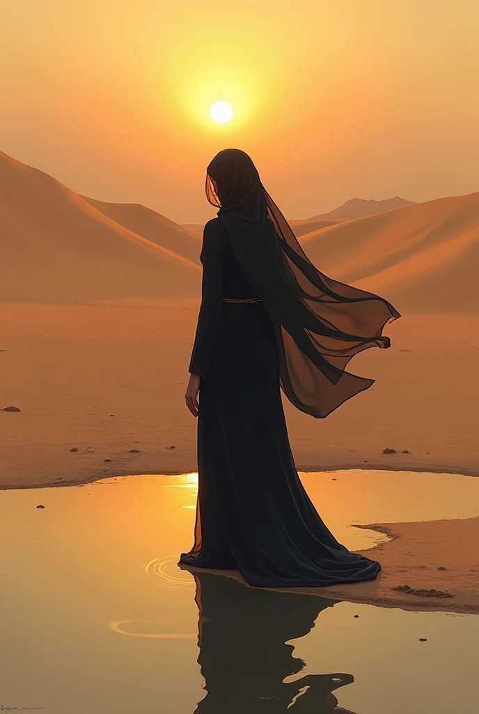 With the break of dawn over the endless desert, Layla in traditional  arabic black abaya isees her reflection in a pool of water, slowly fading away as the sun rises. The desert winds carry a sense of finality, and her heart pounds as she realizes somethin...