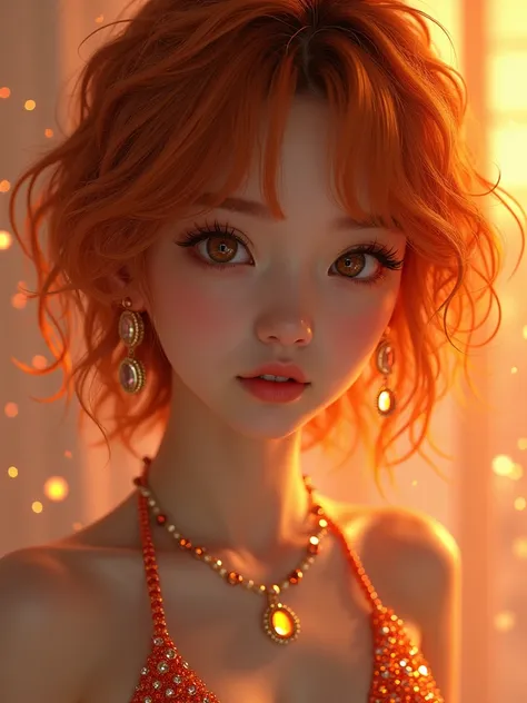 Photorealistic, masterpiece, Best Quality, Super detailed, messy hair, shape, A Japanese girl, gemstone strands together into gorgeous jewelry bikini --v 6.1, 
fashion model, orange glitter background, 
more beautiful and delicate eyes than keeltheequine ,...