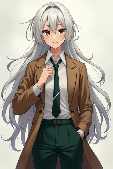 therefore. White hair brown coat dark green anime pants 