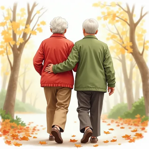 The image is a watercolor painting of an elderly Asian couple walking side by side, supporting each other. The person on the left has short white hair and wears a red jacket and brown pants. The person on the right has short light hair and wears a green ja...