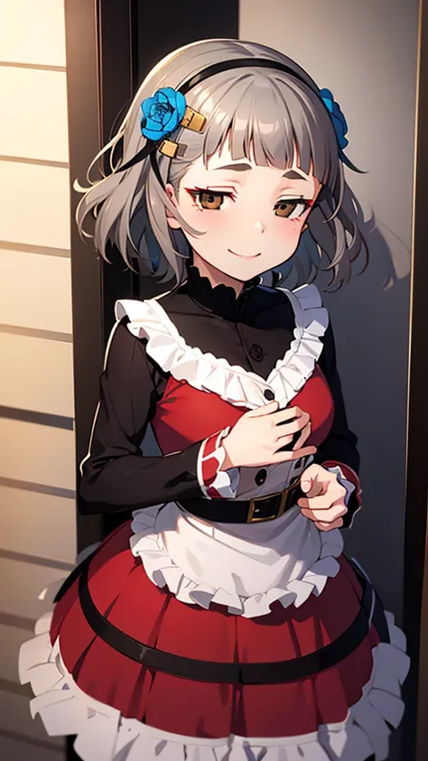 (((solo))), 1 woman, Sakuya Kurobane, sakuyaunif, kurobane_sakuya, (brown eyes), short hair, grey hair, black hairband, blue hair flower, red eyeliner, chest, blush, smile, (upper body), santa claus