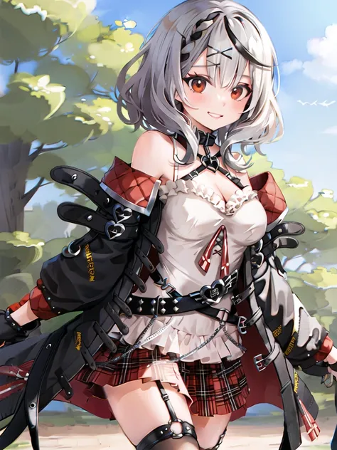  Masterpiece ,  best quality,  high definition ,  1 girl, Alone, red_eye, Sakemachi Chloe, ガーターbelt, black fingerless gloves, Torn knee-highs, Grey Hair,  hair ornament, multicolored hair, Check pattern skirt,  striped hair,  clevis, x  hair ornament, blac...