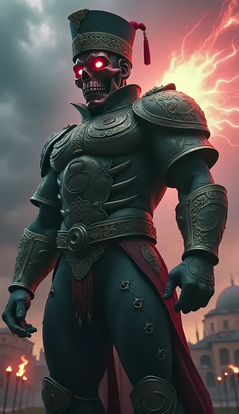 "An imposing humanoid figure with a crimson red skull-shaped face, glowing sinister eyes, dressed in an elaborate outfit blending Ottoman Empire and Turkish military elements. The armor is a fusion of dark steel and ornate gold designs, featuring a regal f...