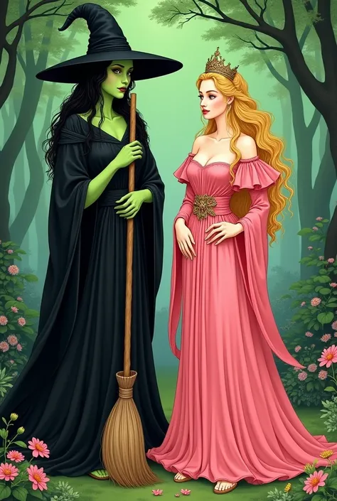 1 Green skin witch with black witch hat and black robe, holding broom stick. 1 Normal beautiful majestic hair Blonde Very Bright Pink Dressed Princess holding magic stick, with crown. Green Forest and emerald city. Standing together side by side. High Reso...