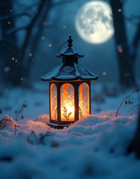 snow lantern, JACK lantern, snowdrops, beautiful night time, moon,  Malfoy-manor, christmas, Miki Asai Macro photography, close-up, hyper detailed, trending on artstation, sharp focus, studio photo, intricate details, highly detailed, by greg rutkowski