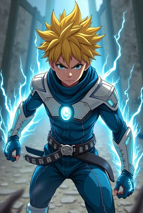 
Generate me a  ninja teen boy with yellow hair wearing lightning armour and using lightning powers,full body(style:anime)

