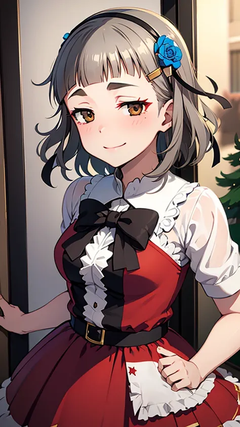 (((solo))), 1 woman, Sakuya Kurobane, sakuyaunif, kurobane_sakuya, (brown eyes), short hair, grey hair, black hairband, blue hair flower, red eyeliner, chest, blush, smile, (upper body), santa claus