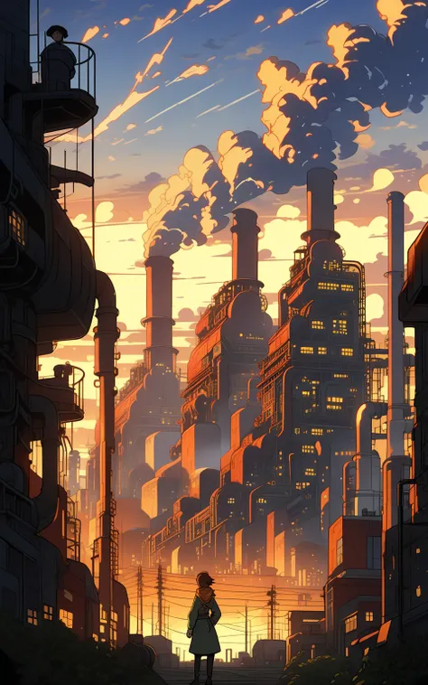 "Factory Horizon at Dawn"
"A dynamic illustration of a sprawling industrial complex at dawn, rendered in a flat-color style with sharp, detailed linework. The colors include vibrant oranges and yellows of the rising sun against the cool blues of the factor...