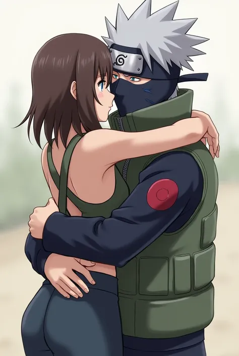  Kakashi Hatake will hug a girl with wide hips,  with brown hair with one blue lock on the right ,  blue-gray eyes , a blue tag  "arrow" under the eye  