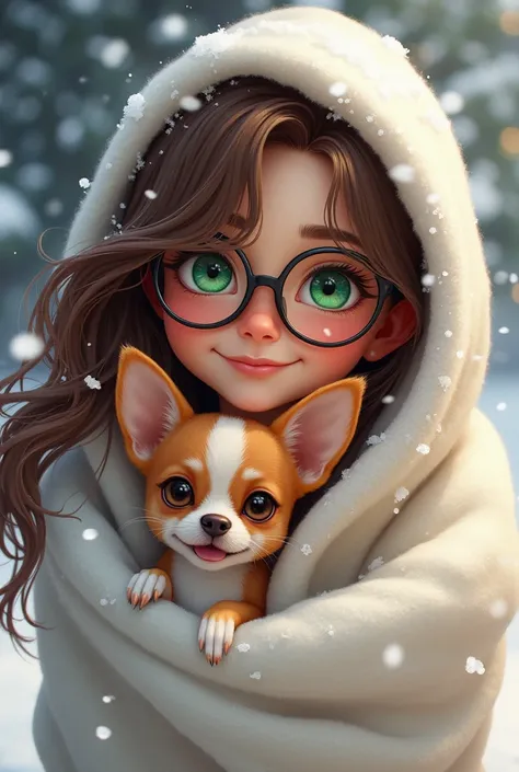 Girl with brown hair glasses  ,  with green eyes and with a chihuahua dog and a Snoooy blanket and who has the name of party