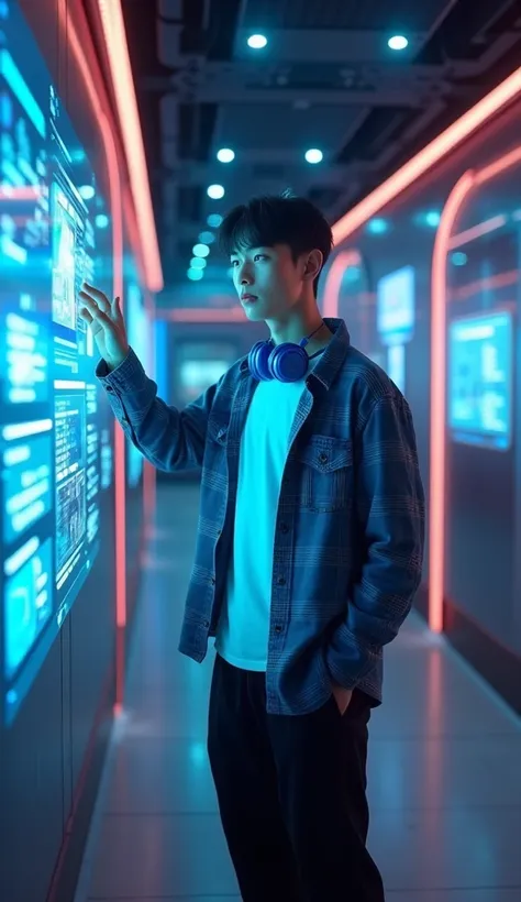 Cinematic shots of futuristic nightclub with DJ buttons . A handsome boy s a of Chinese origin with short dark hair and good looks wearing an oversize denim checkered shirt open with white T shirt long Sleeve, black trousers jogger, sneakers and has blue h...