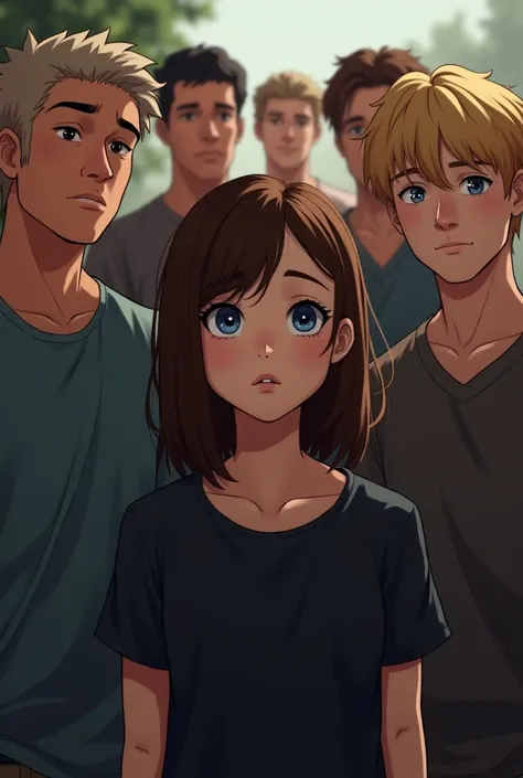  Many men of at least 30 years old and in front of them in the center a girl with brown hair and blue eyes who wears a short black t-shirt, Next to her, her twin brother with blond hair 