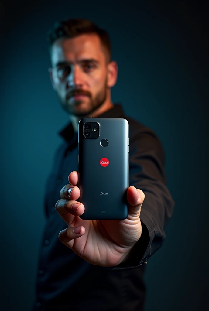 "Kike Vera ,  professional photographer ,  showing a Leica phone in the foreground with a futuristic design.  Dark background with dim lights ,  highlighting technology and precision in mobile photography ."