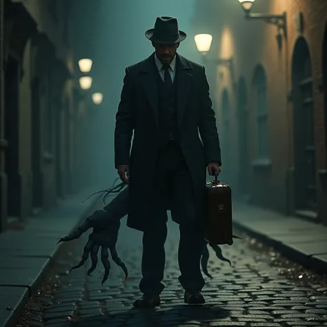 A photo-realistic image of A man dressed in a fedora hat, tailored coat, and a grip on a vintage suitcase, standing in stark terror on a cobblestone street at night. The dim glow of a streetlamp casts an eerie light on the scene, revealing the mans face co...